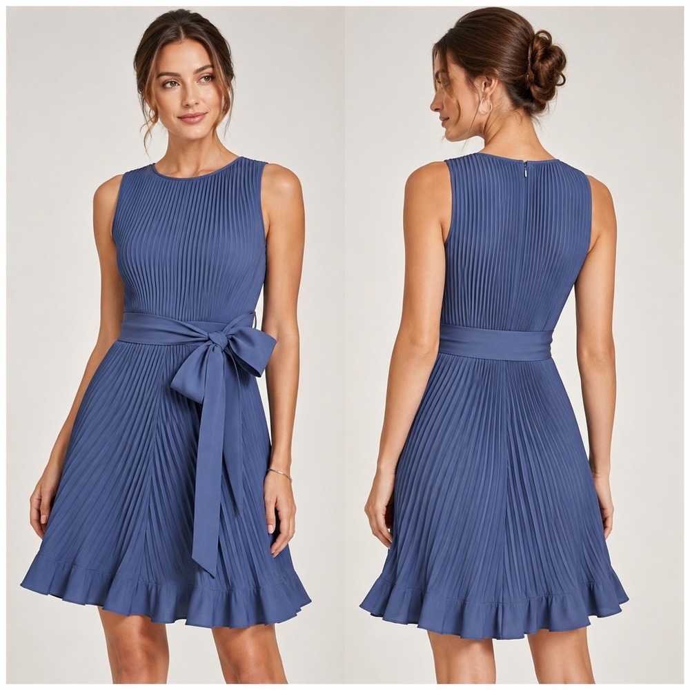 NWT MILLY Navy Sunray Pleated Fit & Flare Designer Dress Bow Waist Luxury Size 8